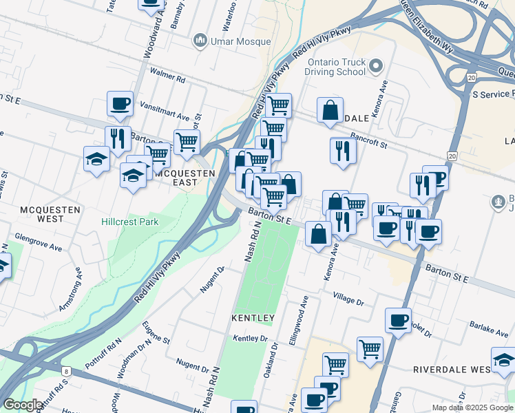 map of restaurants, bars, coffee shops, grocery stores, and more near 2263 Barton Street East in Hamilton