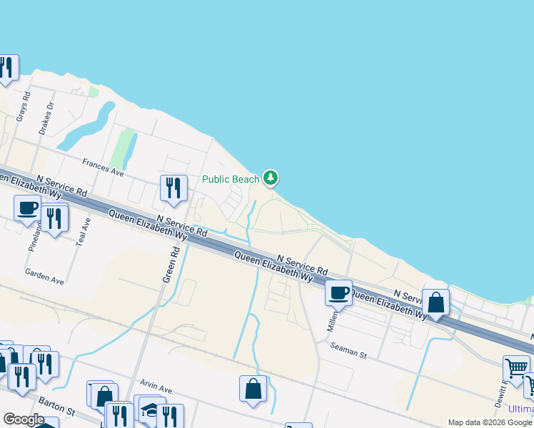 map of restaurants, bars, coffee shops, grocery stores, and more near 125 Shoreview Place in Hamilton