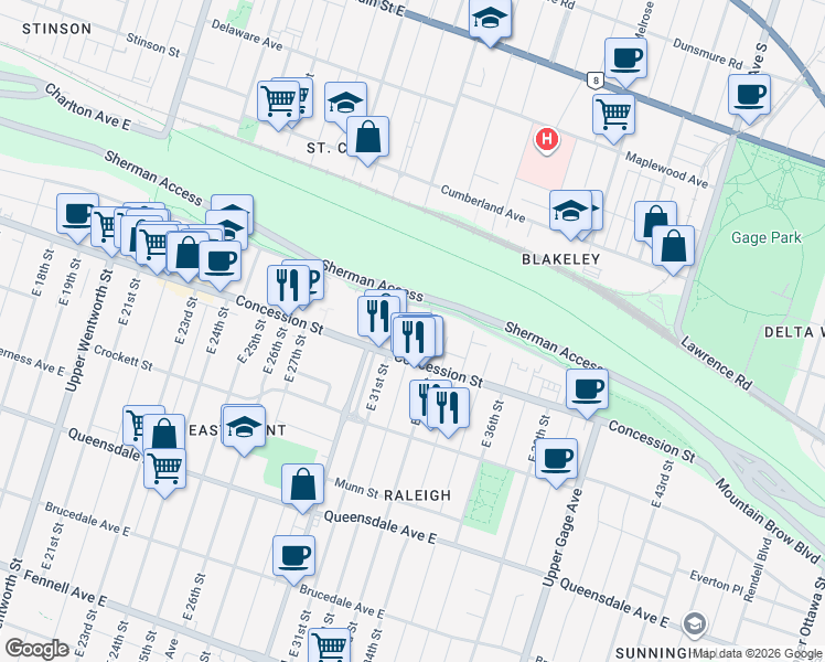 map of restaurants, bars, coffee shops, grocery stores, and more near 775 Concession Street in Hamilton