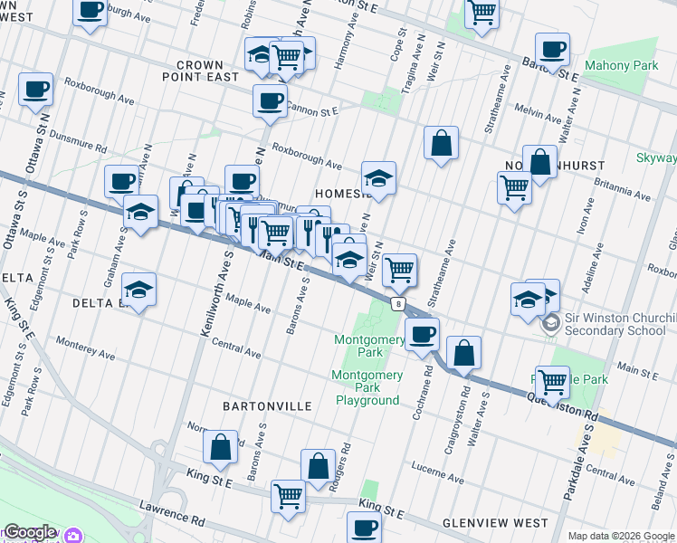 map of restaurants, bars, coffee shops, grocery stores, and more near 1509 Main Street East in Hamilton