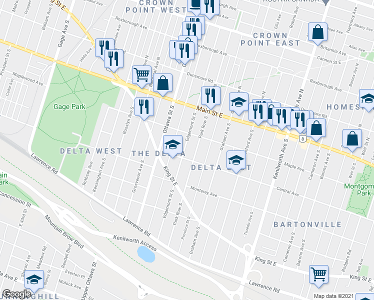map of restaurants, bars, coffee shops, grocery stores, and more near 89 Edgemont Street South in Hamilton