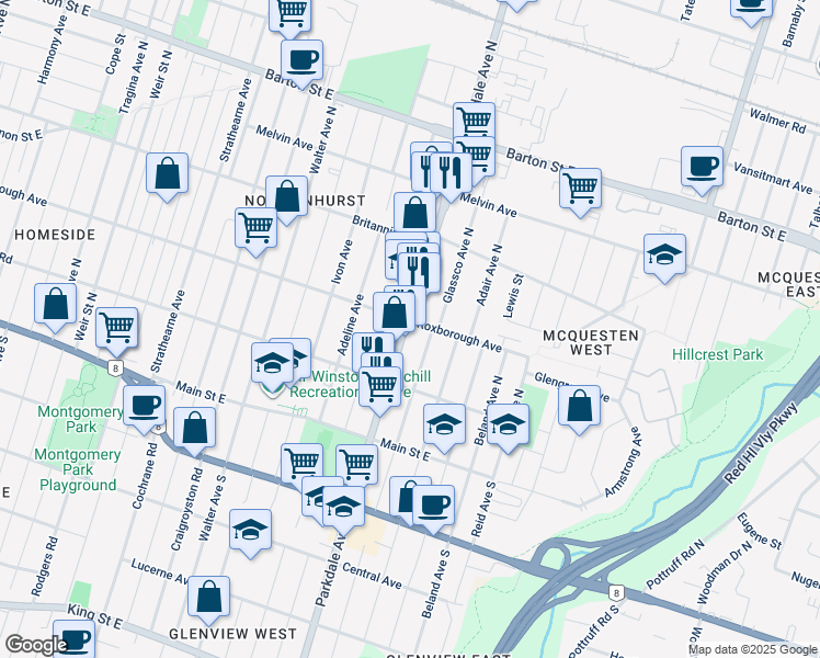 map of restaurants, bars, coffee shops, grocery stores, and more near 96 Parkdale Avenue North in Hamilton