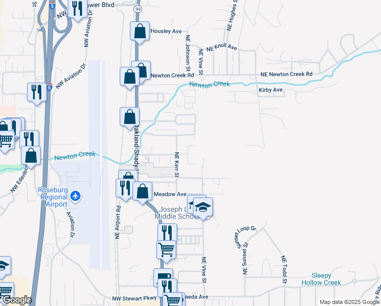 map of restaurants, bars, coffee shops, grocery stores, and more near 246 Northeast Walker Court in Roseburg