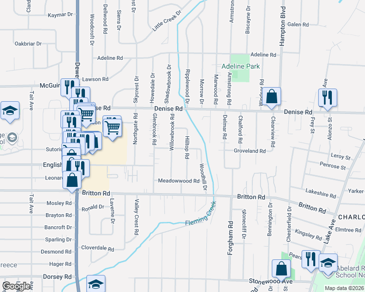 map of restaurants, bars, coffee shops, grocery stores, and more near 120 Hilltop Road in Rochester