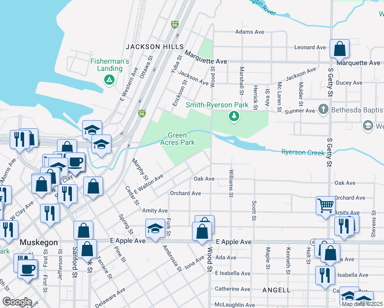 map of restaurants, bars, coffee shops, grocery stores, and more near 336 East Walton Avenue in Muskegon