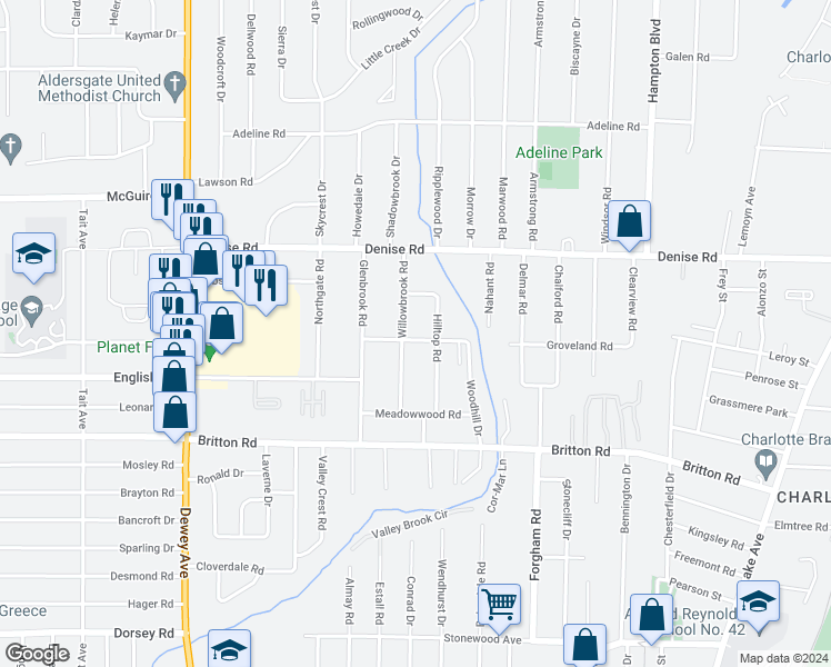 map of restaurants, bars, coffee shops, grocery stores, and more near 152 Woodhill Drive in Rochester