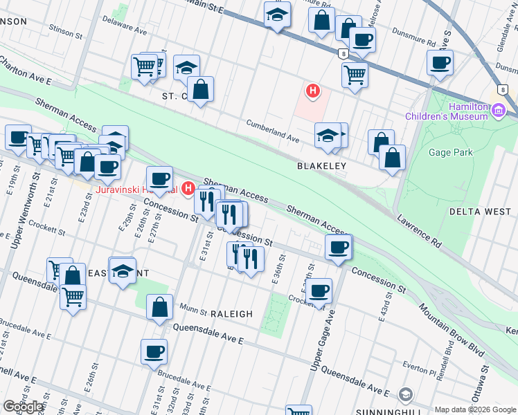 map of restaurants, bars, coffee shops, grocery stores, and more near 21 Ben Lomond Place in Hamilton