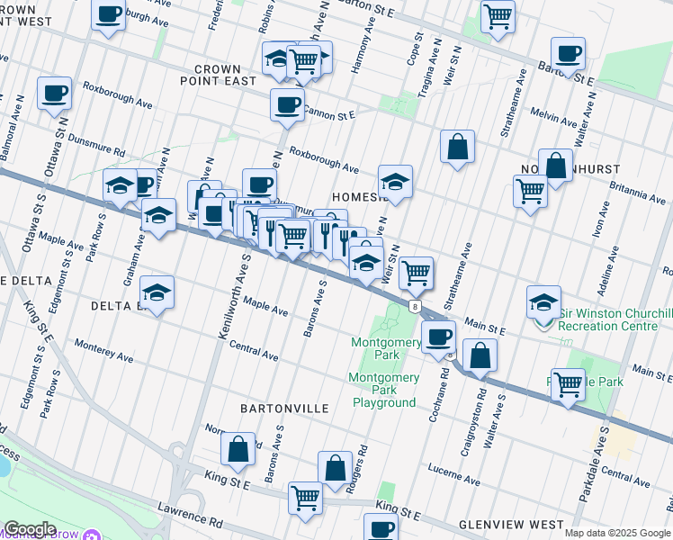 map of restaurants, bars, coffee shops, grocery stores, and more near in Hamilton