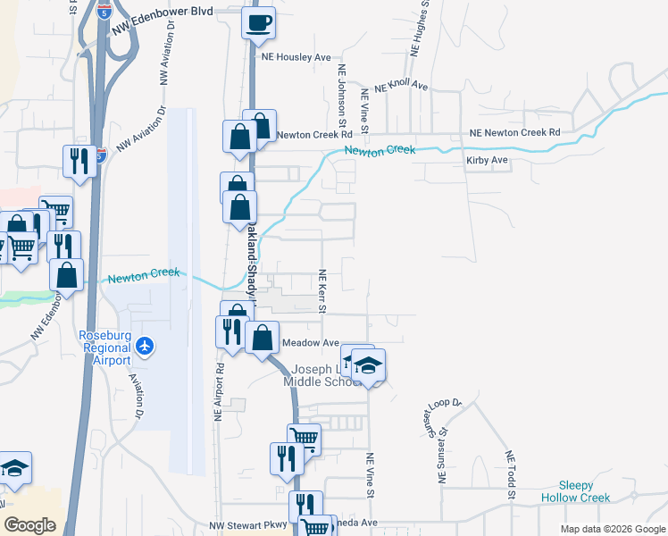map of restaurants, bars, coffee shops, grocery stores, and more near 2397 Northeast Kerr Street in Roseburg