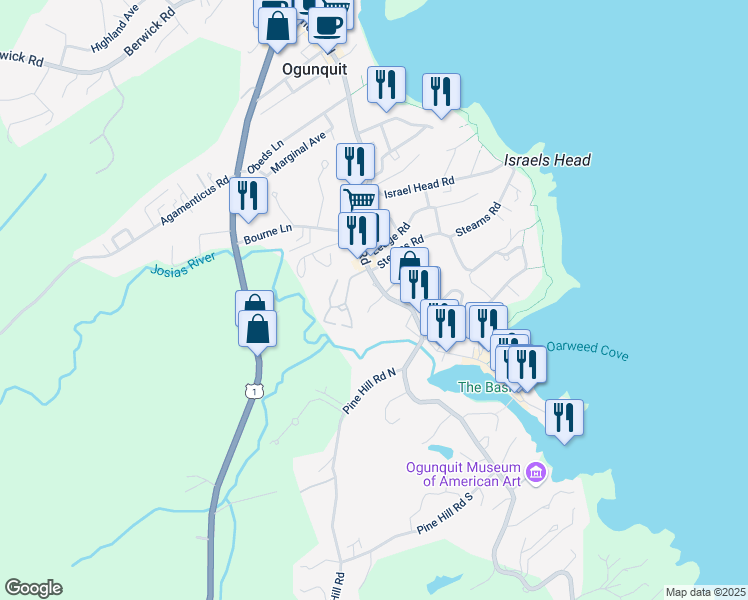map of restaurants, bars, coffee shops, grocery stores, and more near 27 Sea Oaks Lane in Ogunquit