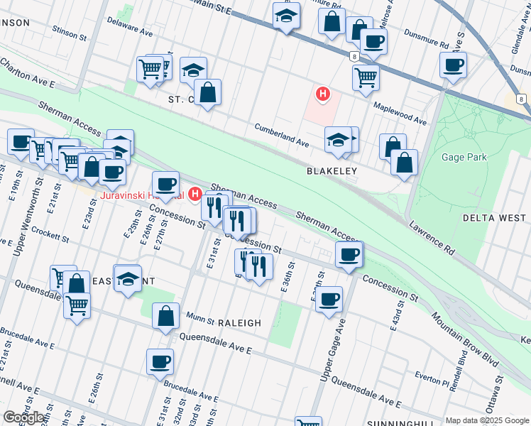 map of restaurants, bars, coffee shops, grocery stores, and more near in Hamilton