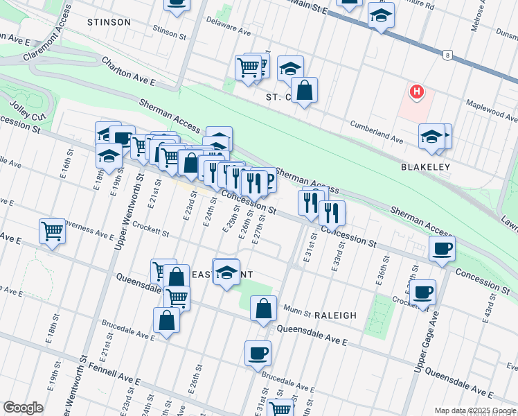 map of restaurants, bars, coffee shops, grocery stores, and more near 682 Concession Street in Hamilton