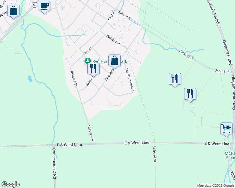 map of restaurants, bars, coffee shops, grocery stores, and more near 65 The Promenade in Niagara-on-the-Lake