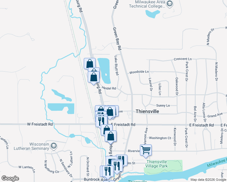 map of restaurants, bars, coffee shops, grocery stores, and more near 125-133 Linden Lane in Thiensville