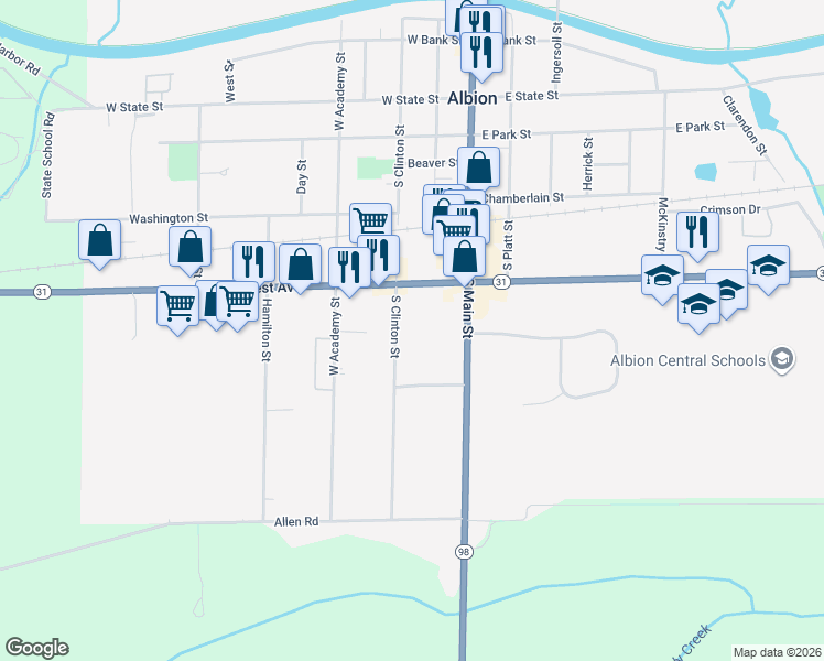 map of restaurants, bars, coffee shops, grocery stores, and more near 223 South Clinton Street in Albion