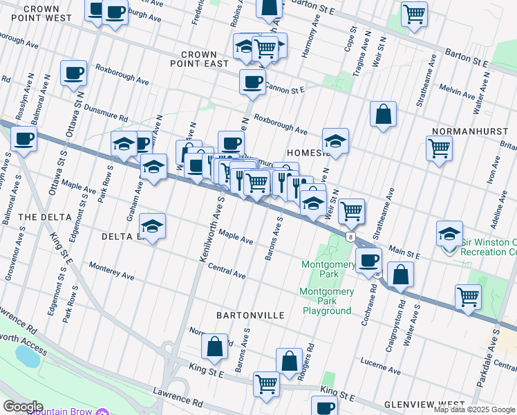 map of restaurants, bars, coffee shops, grocery stores, and more near 1466 Main Street East in Hamilton