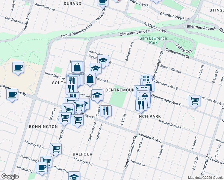 map of restaurants, bars, coffee shops, grocery stores, and more near 115 Empress Avenue in Hamilton