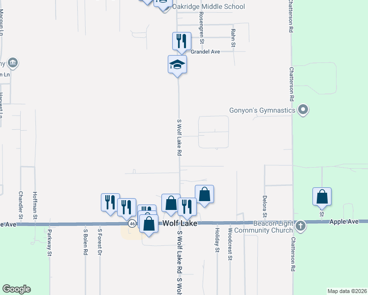 map of restaurants, bars, coffee shops, grocery stores, and more near 736 South Wolf Lake Road in Muskegon