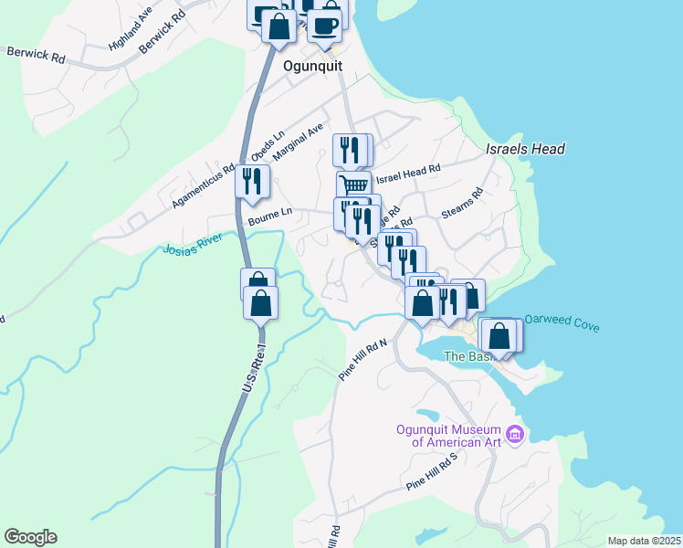 map of restaurants, bars, coffee shops, grocery stores, and more near 99 Pine Hill Road North in Ogunquit