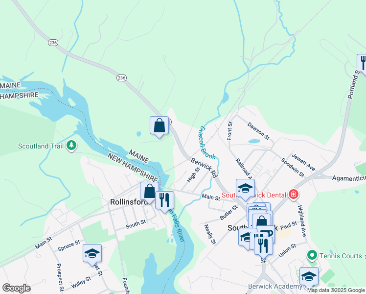 map of restaurants, bars, coffee shops, grocery stores, and more near 121 Berwick Road in South Berwick