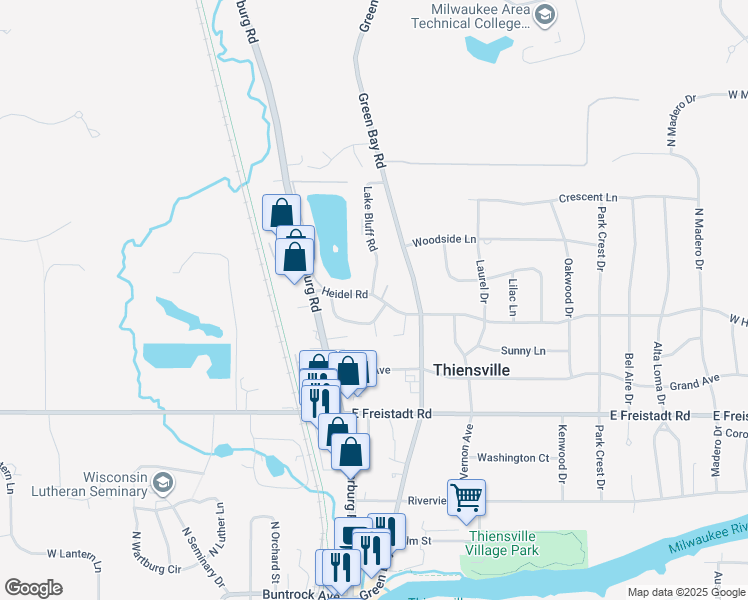 map of restaurants, bars, coffee shops, grocery stores, and more near 157 Linden Lane in Thiensville