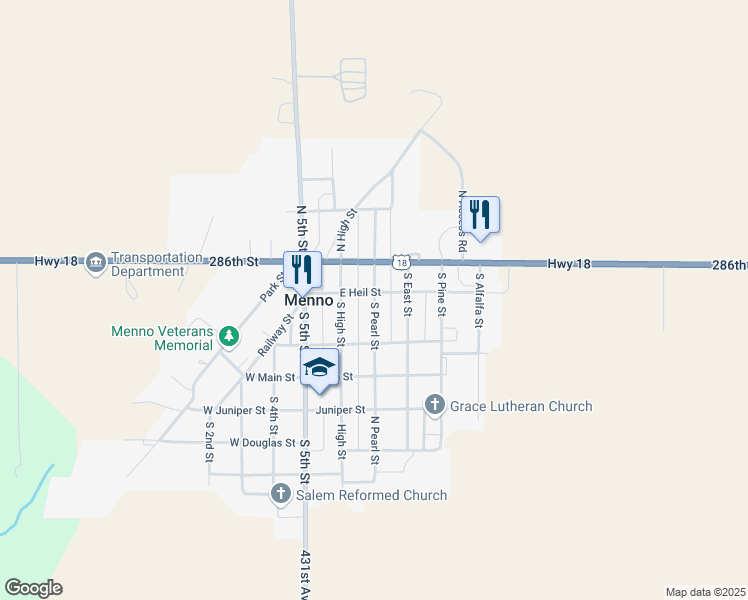 map of restaurants, bars, coffee shops, grocery stores, and more near 215 South Pearl Street in Menno