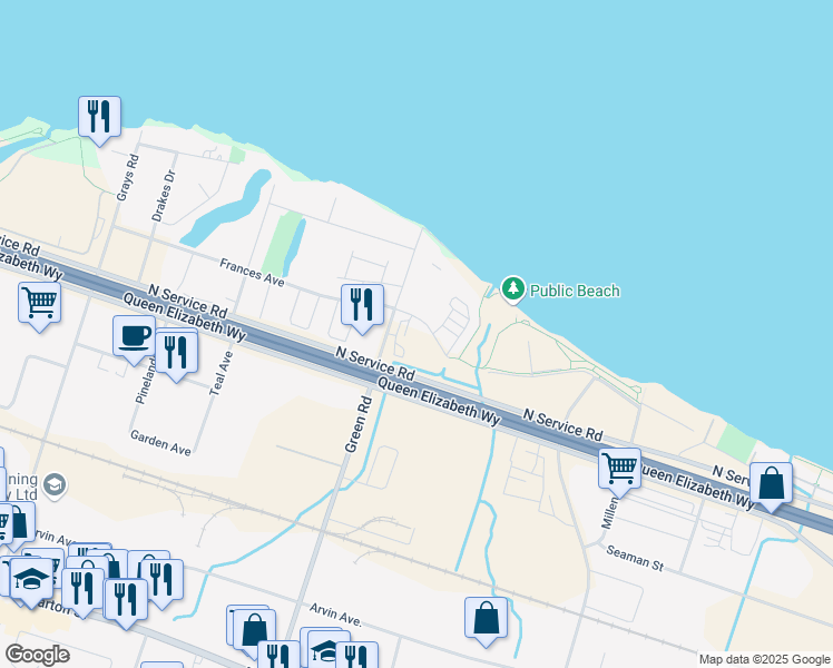 map of restaurants, bars, coffee shops, grocery stores, and more near 329 Frances Avenue in Hamilton