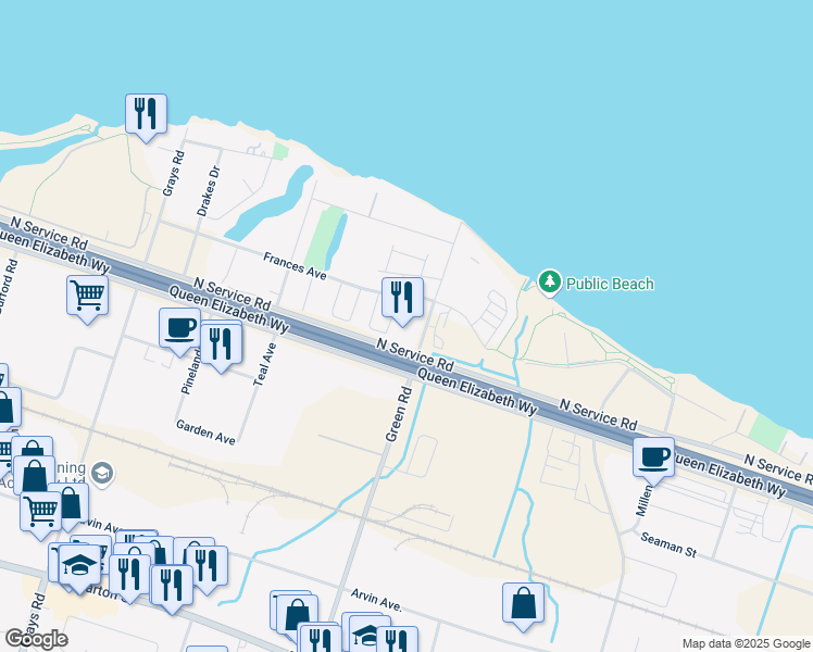 map of restaurants, bars, coffee shops, grocery stores, and more near 461 Green Road in Hamilton