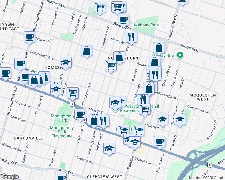 map of restaurants, bars, coffee shops, grocery stores, and more near 83 Walter Avenue North in Hamilton