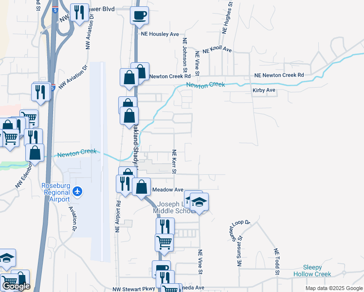map of restaurants, bars, coffee shops, grocery stores, and more near 2525 Northeast Stephens Street in Roseburg