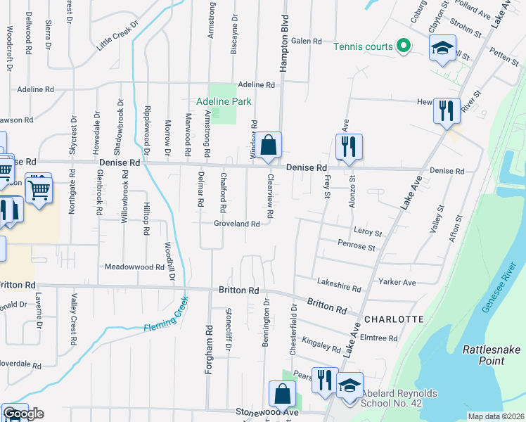 map of restaurants, bars, coffee shops, grocery stores, and more near 99 Clearview Road in Rochester