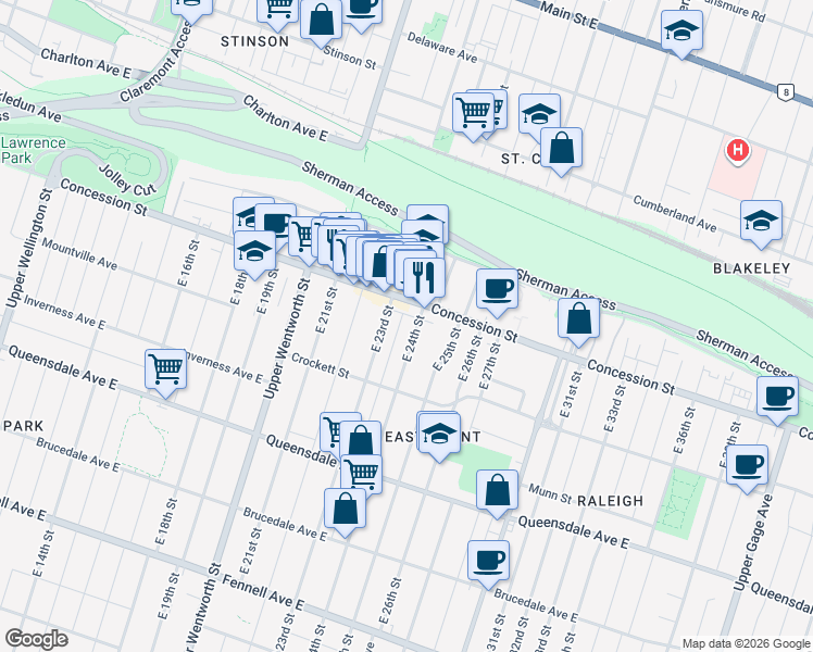 map of restaurants, bars, coffee shops, grocery stores, and more near in Hamilton