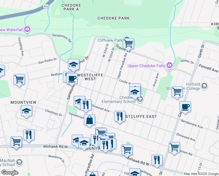 map of restaurants, bars, coffee shops, grocery stores, and more near 171 West 31st Street in Hamilton
