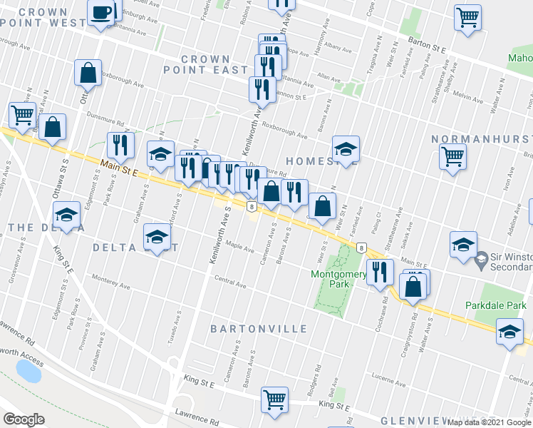 map of restaurants, bars, coffee shops, grocery stores, and more near 1462 Main Street East in Hamilton