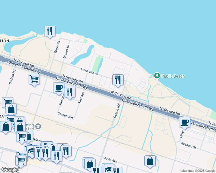 map of restaurants, bars, coffee shops, grocery stores, and more near 104 Frances Avenue in Hamilton