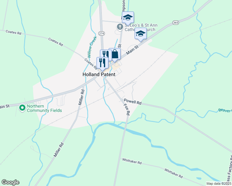 map of restaurants, bars, coffee shops, grocery stores, and more near Park Avenue in Holland Patent