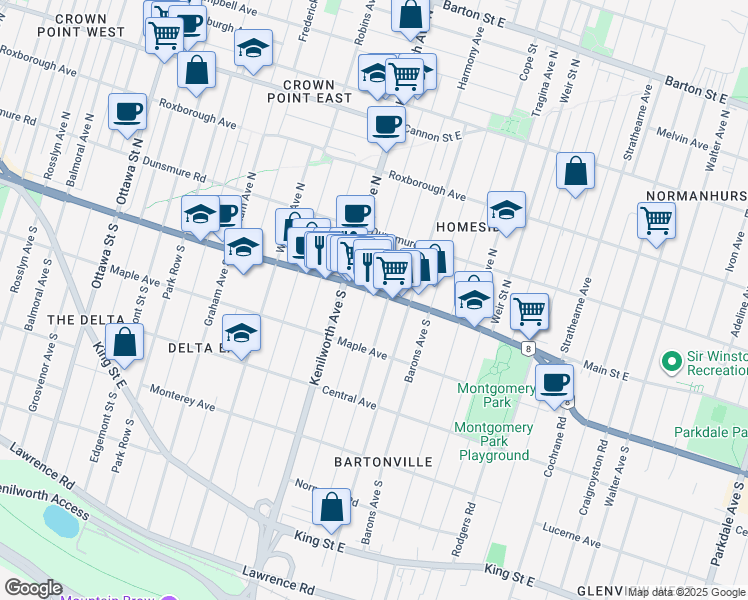 map of restaurants, bars, coffee shops, grocery stores, and more near in Hamilton