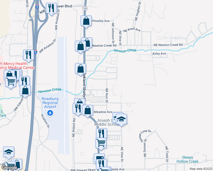 map of restaurants, bars, coffee shops, grocery stores, and more near 2525 Northeast Stephens Street in Roseburg