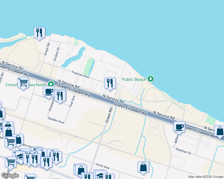 map of restaurants, bars, coffee shops, grocery stores, and more near 102 Frances Avenue in Hamilton