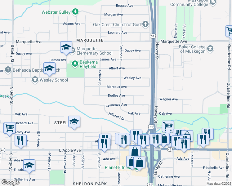 map of restaurants, bars, coffee shops, grocery stores, and more near 1391 Marcoux Avenue in Muskegon