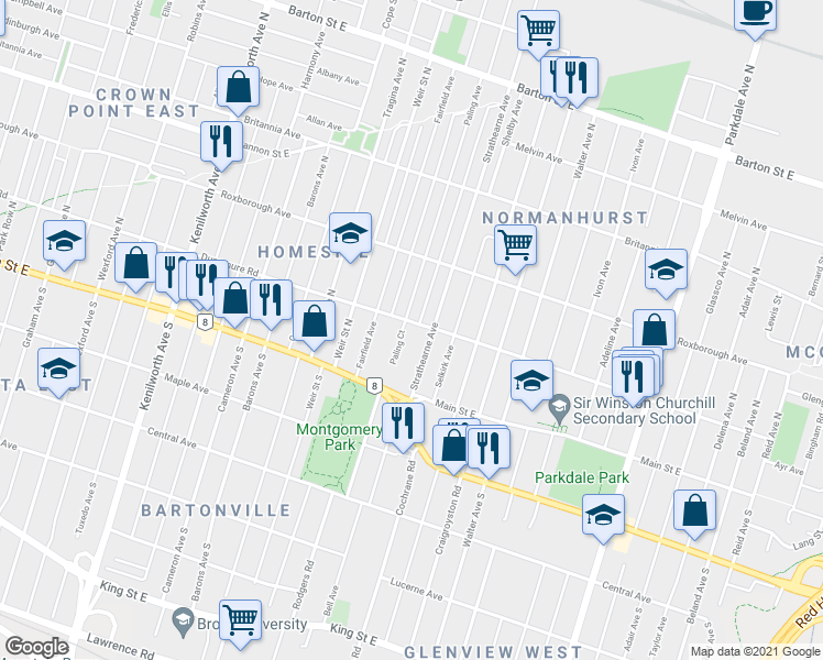 map of restaurants, bars, coffee shops, grocery stores, and more near 960 Dunsmure Road in Hamilton