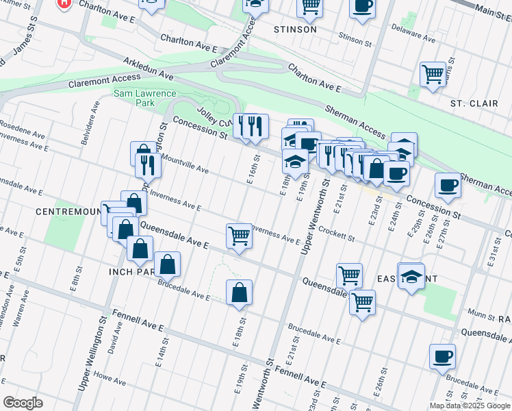 map of restaurants, bars, coffee shops, grocery stores, and more near 86 East 17th Street in Hamilton