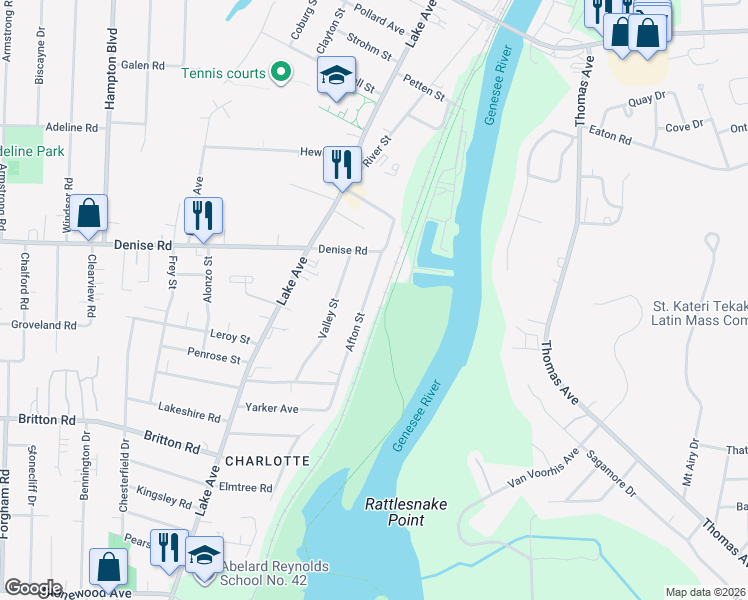 map of restaurants, bars, coffee shops, grocery stores, and more near 54 Afton Street in Rochester