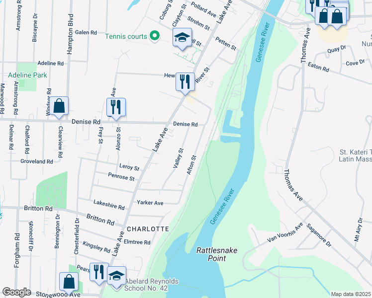 map of restaurants, bars, coffee shops, grocery stores, and more near 55 Valley Street in Rochester