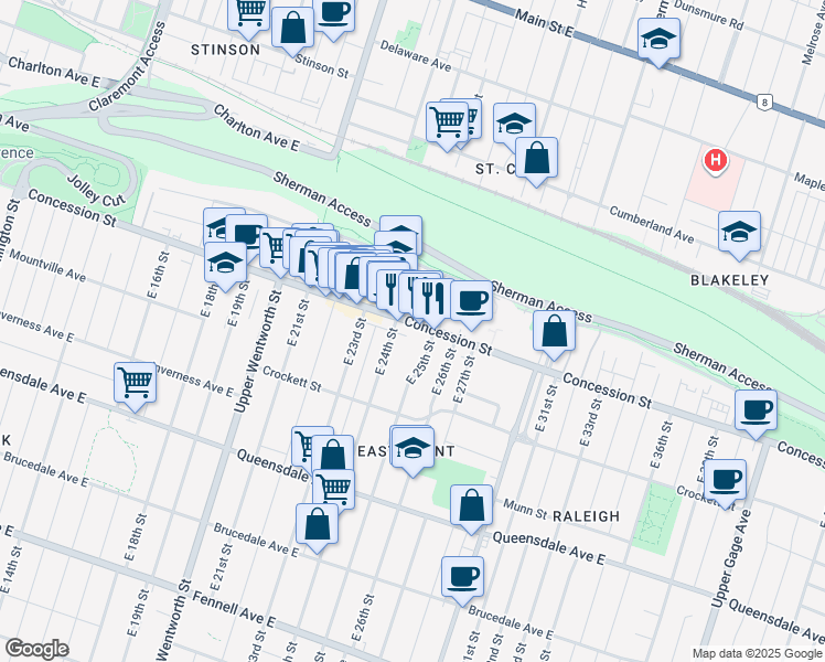 map of restaurants, bars, coffee shops, grocery stores, and more near in Hamilton