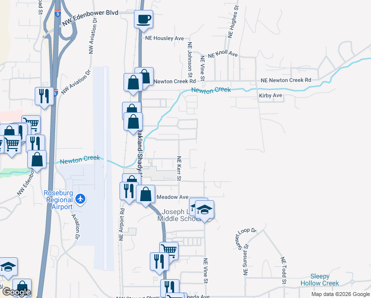 map of restaurants, bars, coffee shops, grocery stores, and more near 2525 Northeast Stephens Street in Roseburg