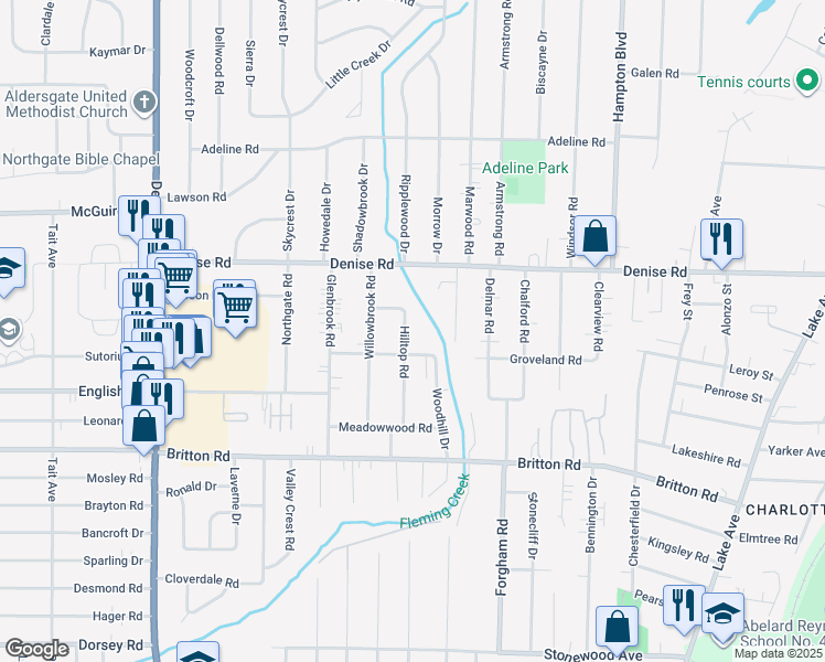 map of restaurants, bars, coffee shops, grocery stores, and more near 170 Hilltop Road in Rochester