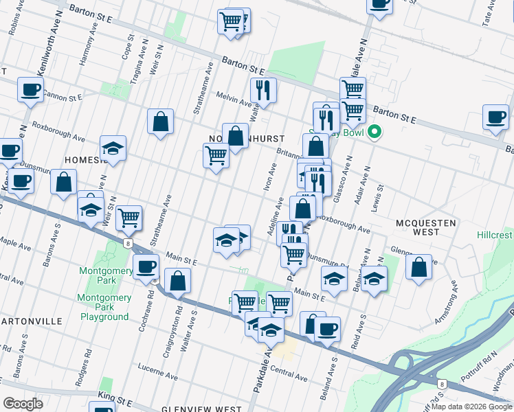 map of restaurants, bars, coffee shops, grocery stores, and more near 109 Ivon Avenue in Hamilton