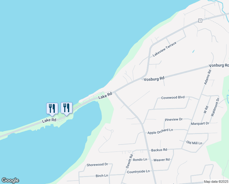 map of restaurants, bars, coffee shops, grocery stores, and more near Lake Road & Bay Road in Webster