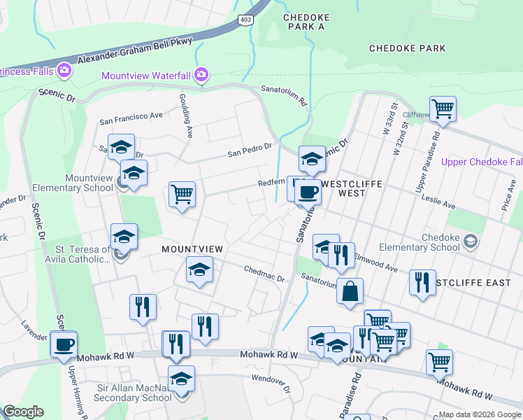 map of restaurants, bars, coffee shops, grocery stores, and more near 53 Redfern Avenue in Hamilton